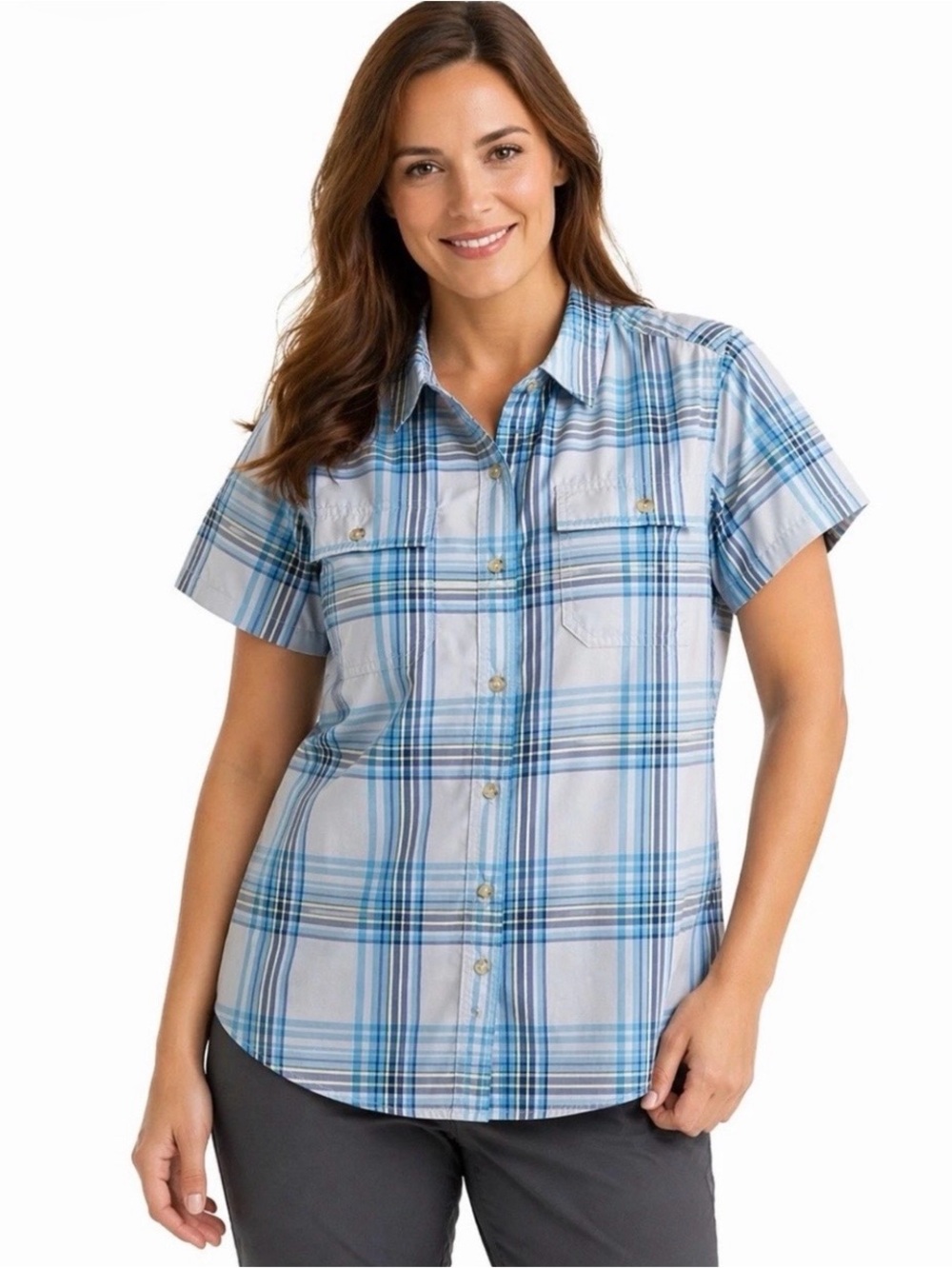 Eddie Bauer Women's Blue Plaid Short-Sleeve Button-Down Shirt Lightweight Large